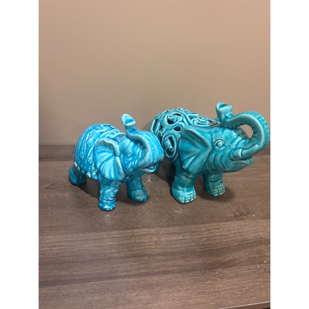 Turquoise Blue Ceramic Elephant Figurine Set Crackle Glaze Openwork Decor 2pc